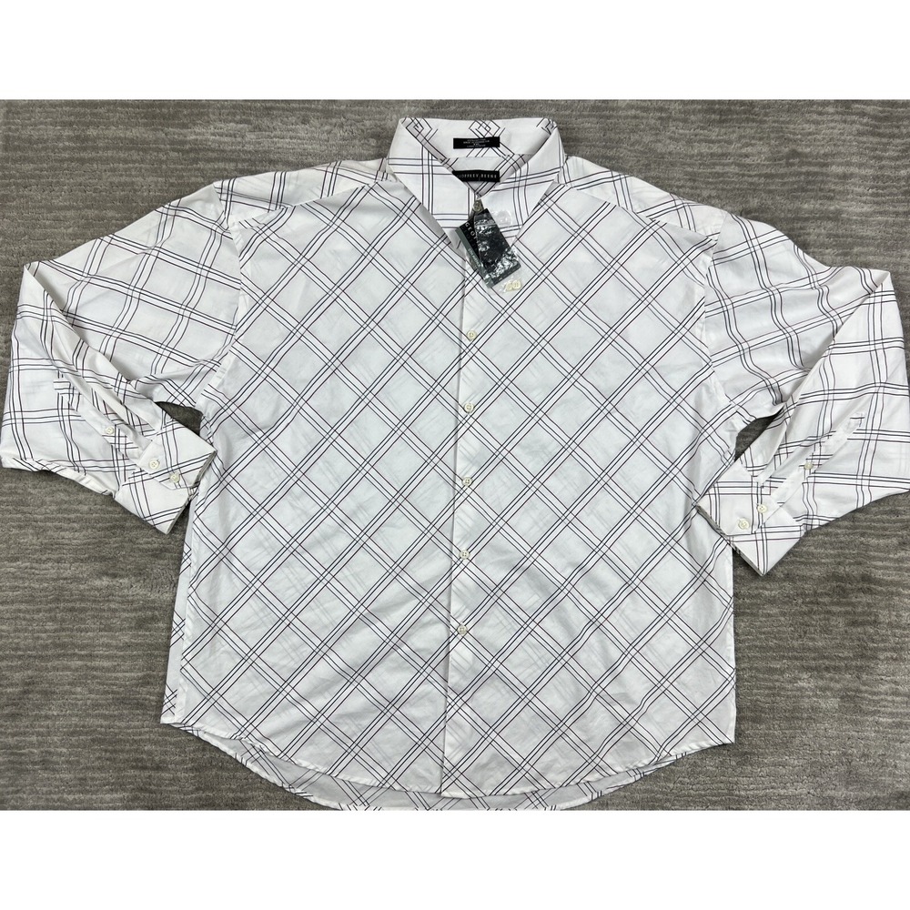 Geoffrey Beene Button Down Mens XXL White Black Grid Long Sleeve Cotton Shirt